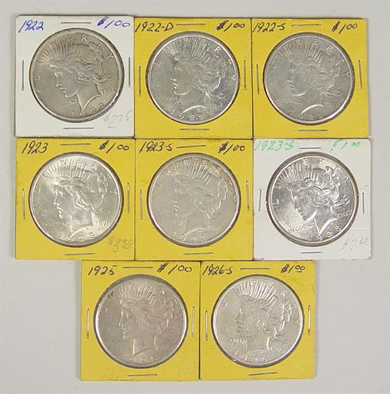 Appraisal: Eight Peace Silver Dollars -P -D -S XF-AU BU -S