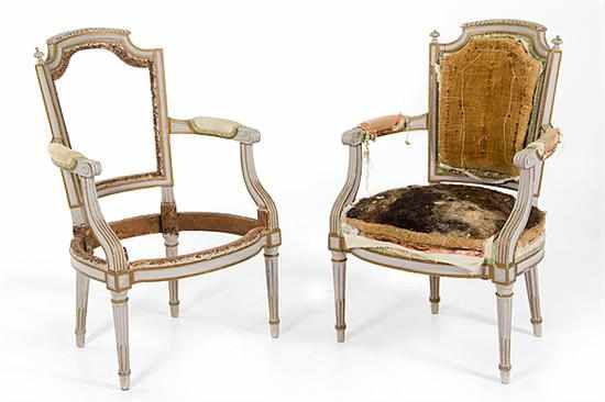 Appraisal: Pair Louis XVI painted fauteuils late th century bead-and-channel frame