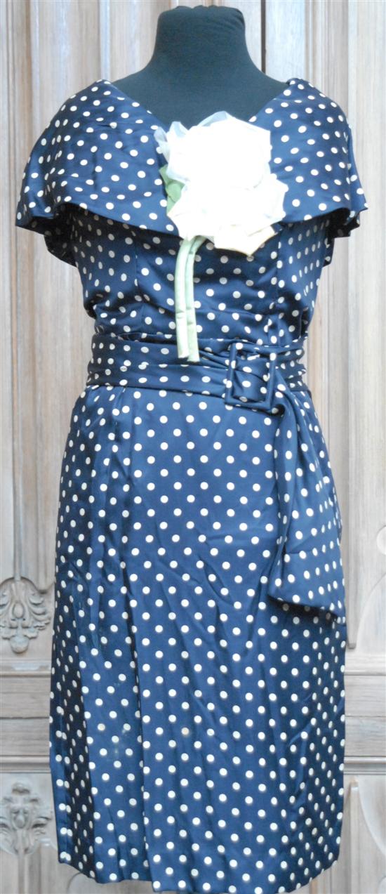 Appraisal: BLUE SILK DRESS POLKA DOT Huge shawl collar huge white