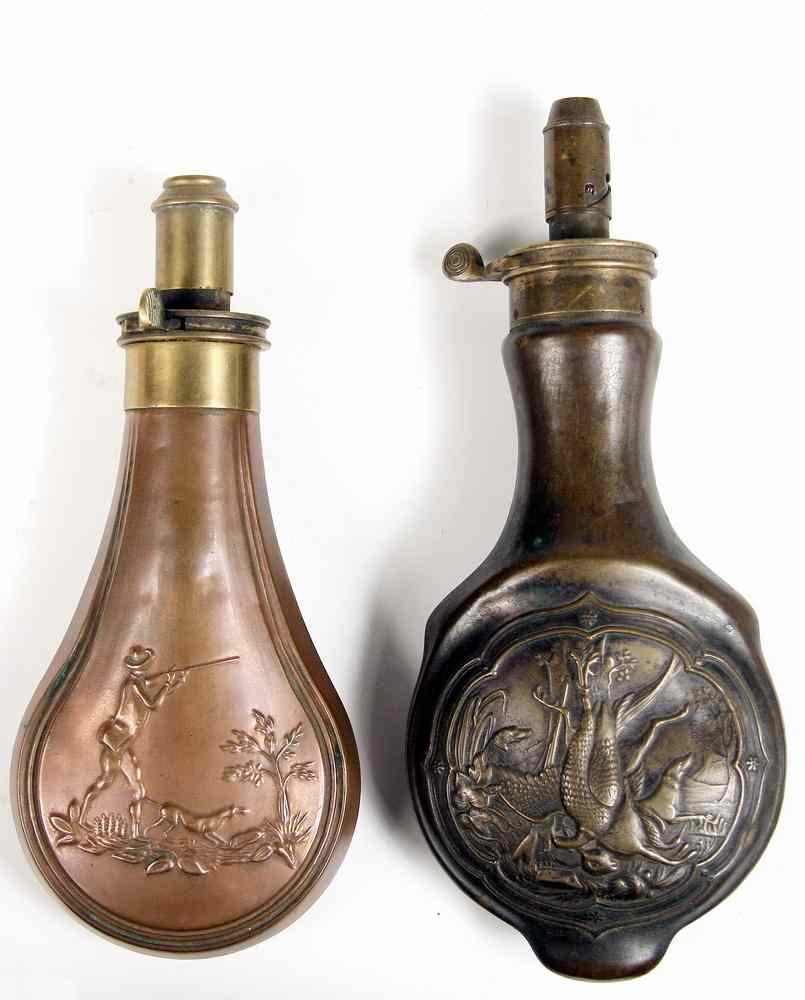 Appraisal: TH C POWDER FLASKS - Two th Century Metal Powder