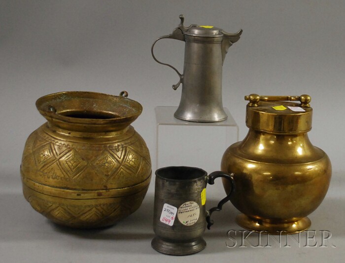 Appraisal: European Pewter Half-pint Mug and Syrup and Two Brass Vessels