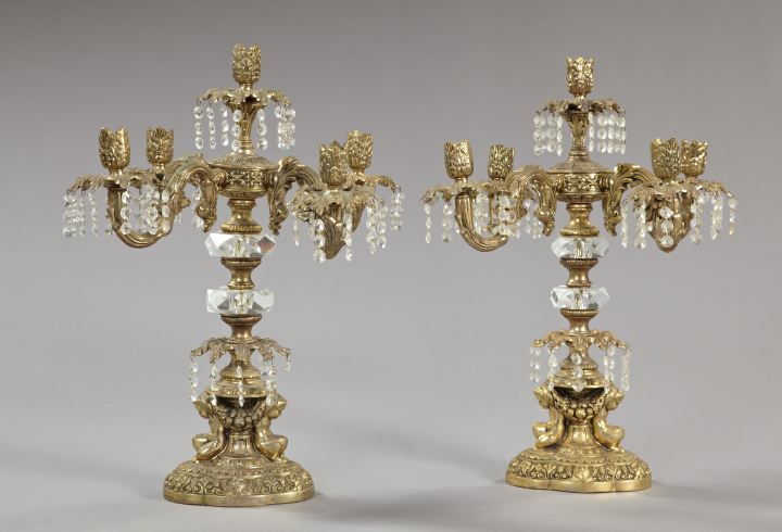 Appraisal: Pair of Continental Gilt-Lacquered Brass Five-Light Candelabra second quarter th