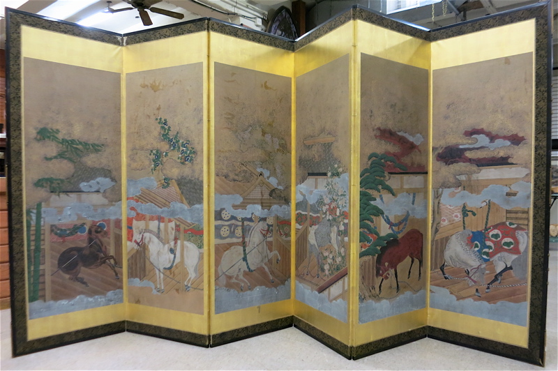 Appraisal: CHINESE SIX-PANEL SCREEN each panel a hand painted stable scene