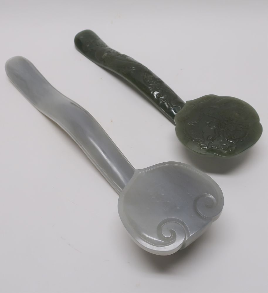 Appraisal: Chinese Jade Ruyi Sceptres Grey with calligraphy and spinach with