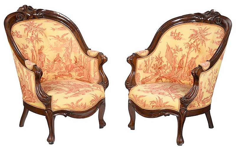 Appraisal: Pair of Victorian Carved Walnut Arm Chairs mid th century