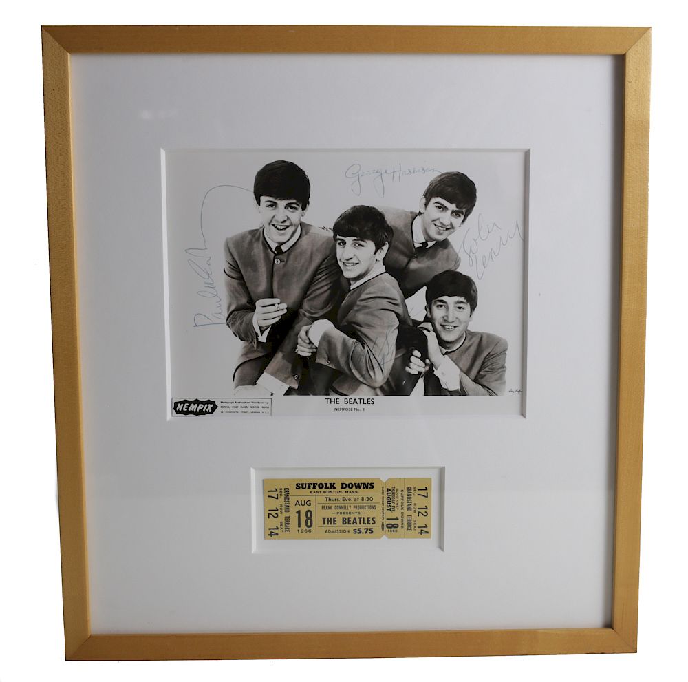 Appraisal: Beatles Photo Signed Ticket Stub A signed autograph photo of