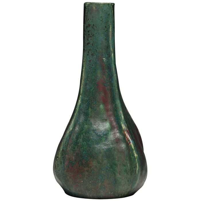 Appraisal: Unusual Dalpayrat vase four-sided shape covered in a green red