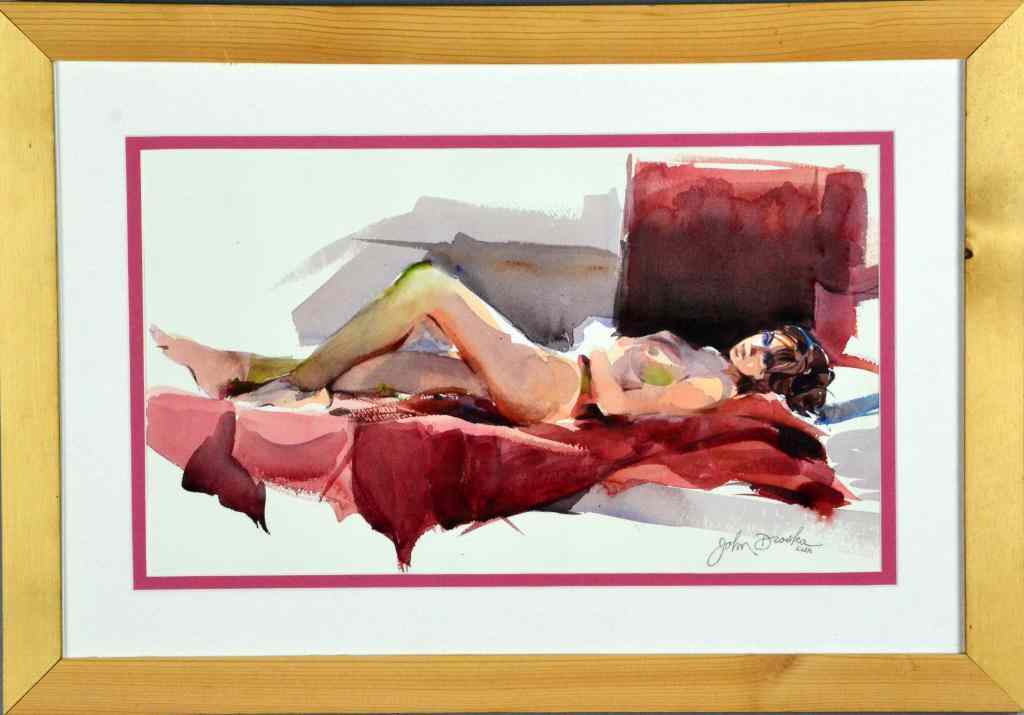 Appraisal: Watercolor of Reclining Nude by John DroskaDepicting a nude at