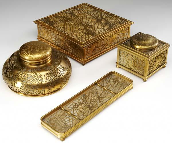 Appraisal: TIFFANY STUDIOS Four gilt-parcel desk pieces in the Pine Needle