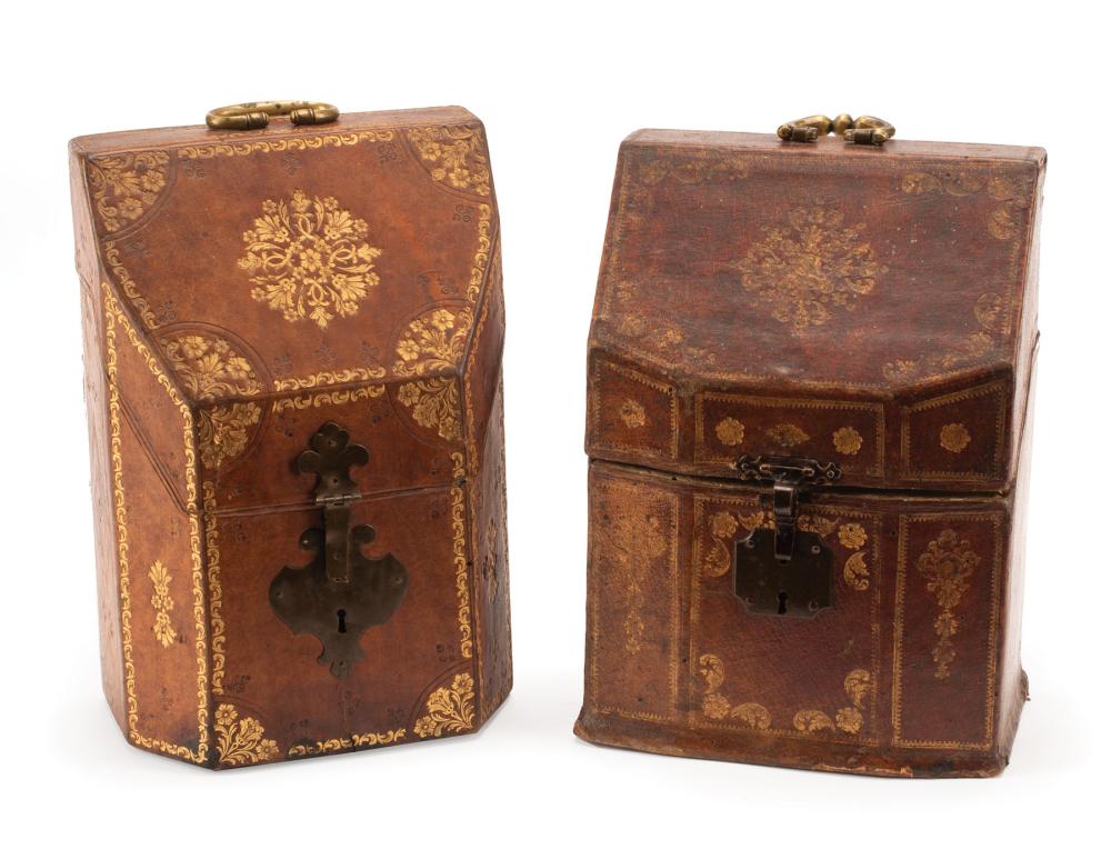 Appraisal: Two Continental Gilt-Tooled Leather Cutlery Boxes th c bale handles