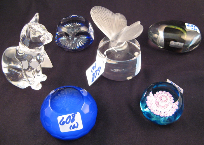 Appraisal: SIX COLLECTIBLE CRYSTAL PAPERWEIGHTS Baccarat cobalt blue and clear Caithness