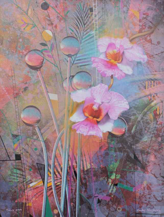 Appraisal: YANKEL GINZBURG MIXED MEDIA ORCHIDS PAINT OVER Sight size ''