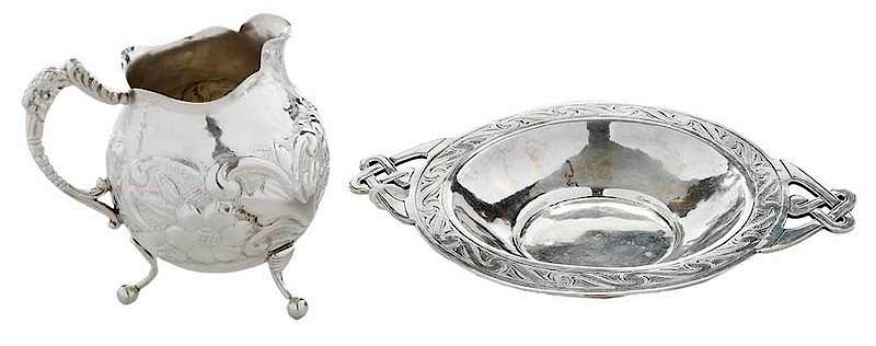 Appraisal: Sterling Boston Dish and Silver Pitcher Art Nouveau decorated two