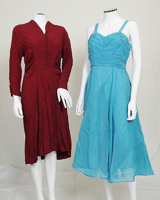 Appraisal: Two s evening dresses one turquoise silk and crepe ruchedbodice