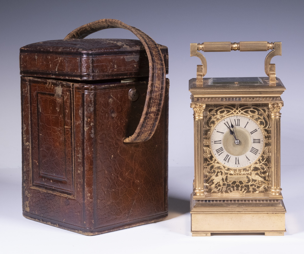 Appraisal: FRENCH CARRIAGE CLOCK WITH REPEATER ORIGINAL LEATHER CASE Large Brass