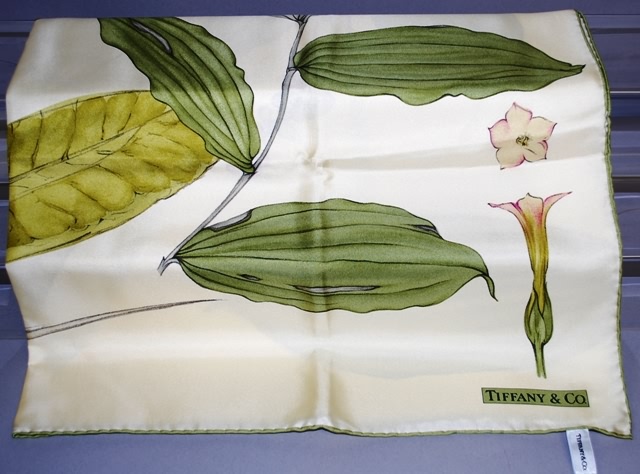 Appraisal: Tiffany Co cream green botanical print silk scarf Approx size