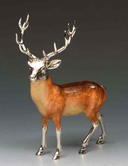 Appraisal: A LARGE SILVER AND ENAMEL MODEL of a red deer