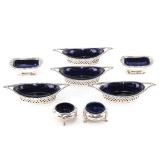 Appraisal: Grouping of Eight English Silver Plated Cobalt Glass Lined Tableware