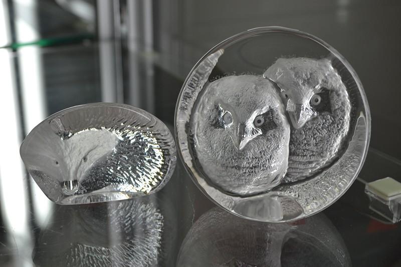 Appraisal: TWO SWEDISH FIGURAL GLASS PAPERWEIGHTS INCL OWLS FOX