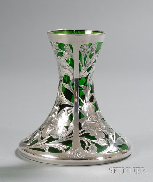 Appraisal: Silver Overlay Vase Glass and silver Early th century Green