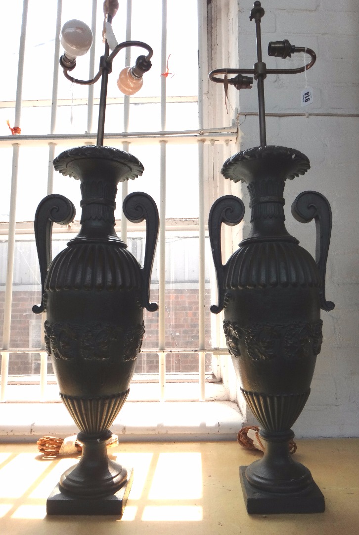 Appraisal: A pair of modern cast iron table lamps green patinated