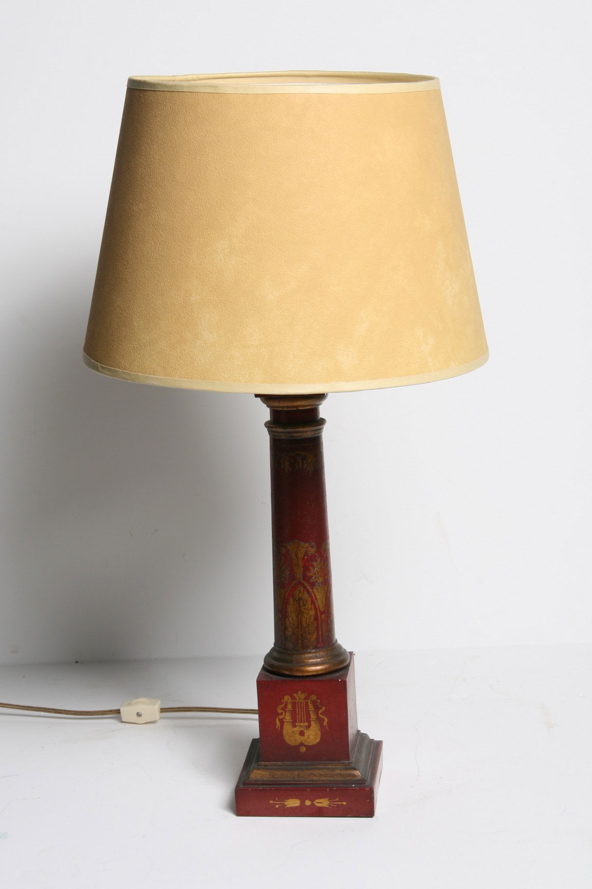 Appraisal: PAIR OF FRENCH RED TOLE PEINTE TABLE LAMPS WITH GILT