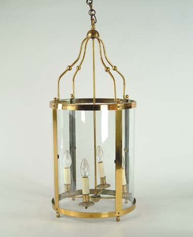 Appraisal: MODERN BRASS AND GLASS HANGING HALL FIXTURE Four branch candelabra