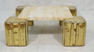 Appraisal: Brutalist Modern Brass Travertine Coffee Table FREDERICK ZIMMER Each corner