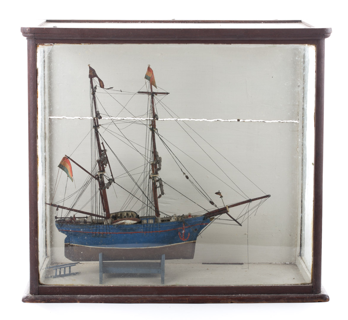 Appraisal: Painted wood frigate model in glass and wood display case