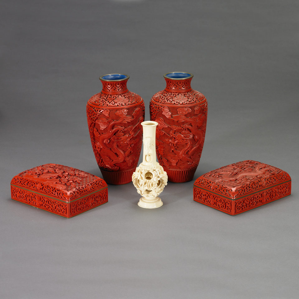 Appraisal: Four Cinnabar Lacquer Items Includes a pair of dragon cabinet