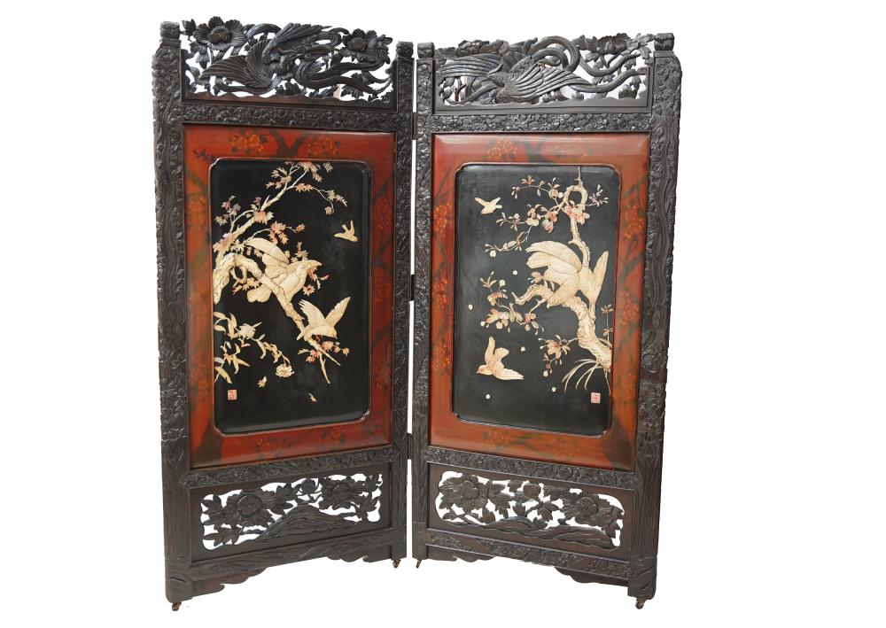 Appraisal: PAIR OF JAPANESE LACQUERED CARVED WOOD PANELSeach mounted on wheels