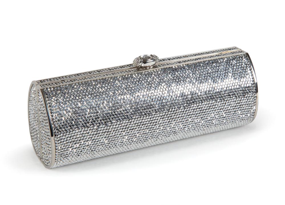 Appraisal: Judith Leiber Silver Crystal Bead Embellished Minaudiere labeled Judith Leiber