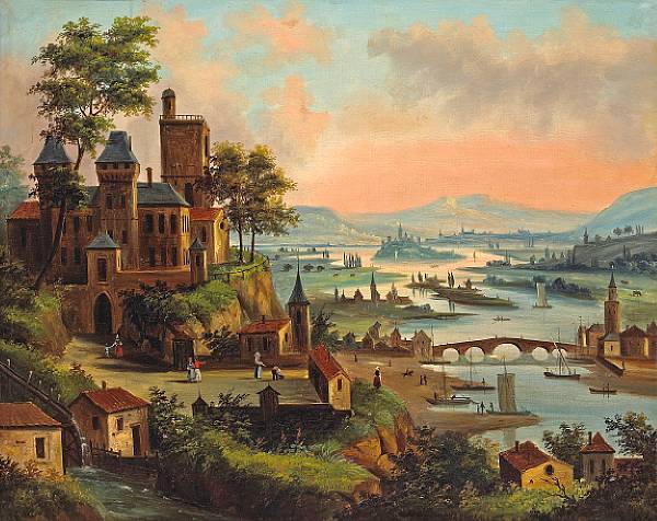 Appraisal: German Primitive School th Century An extensive river landscape with