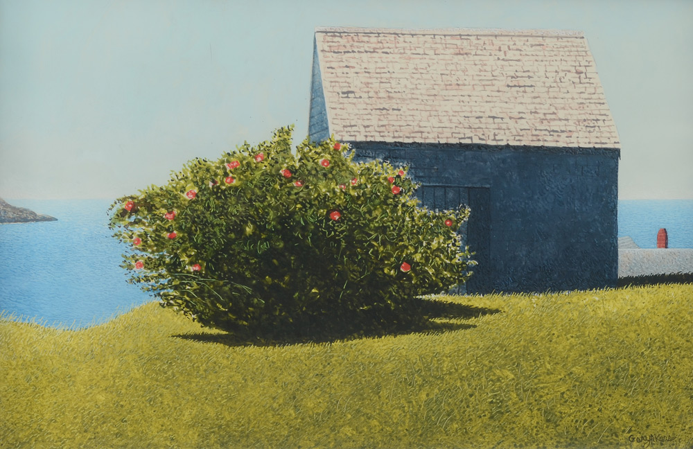 Appraisal: AKERS Gary American - Maine Shore Scene with Flowering Bush