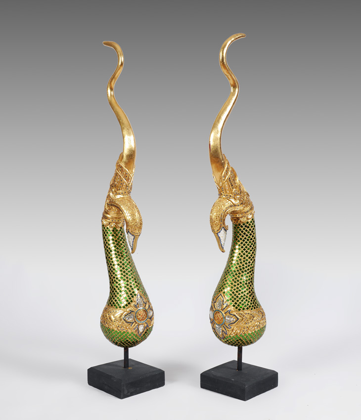 Appraisal: PAIR OF CARVED GILT WOOD STYLIZED SWAN DECORATION Burmese carved