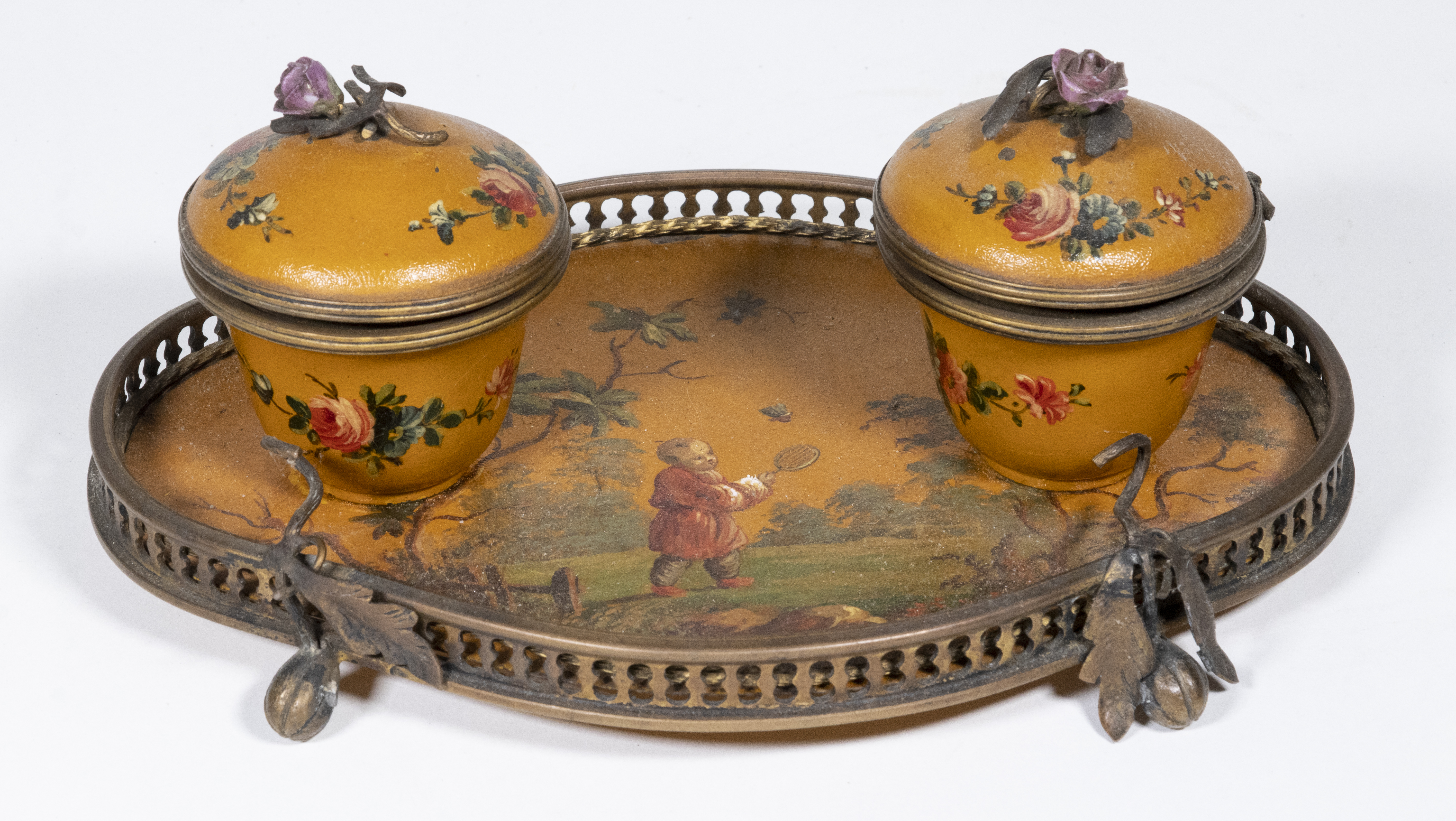 Appraisal: FRENCH TOLE PAINTED INKSTAND th - th c Desk Stand