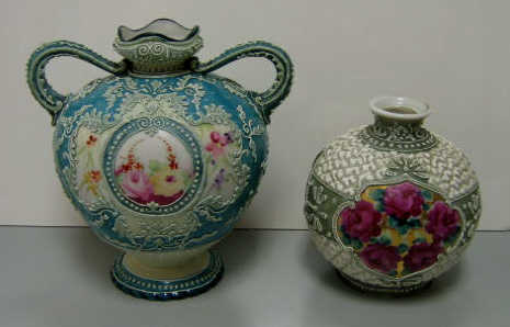 Appraisal: TWO NIPPON MORIAGE VASES Both with heavy applied decoration one