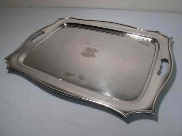 Appraisal: A monumental Gorham silver plated two handle tray Monogrammed in