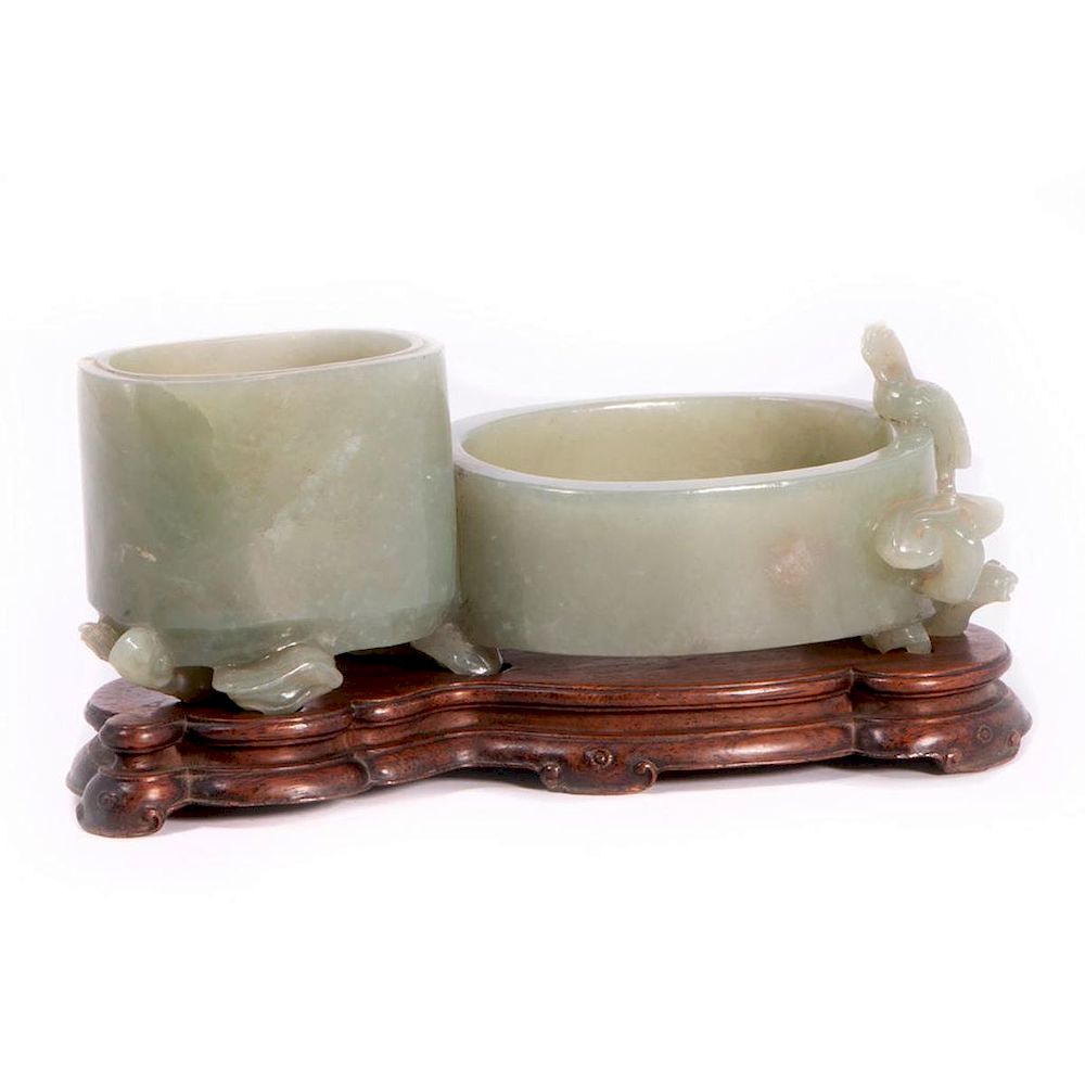 Appraisal: A fine Chinese jade brush pot on stand A fine