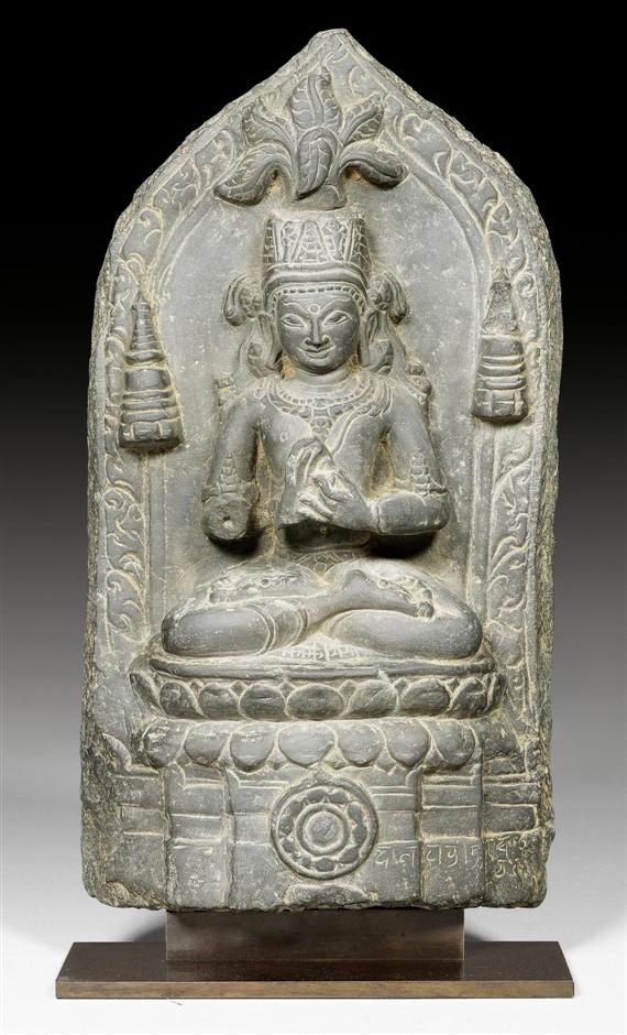 Appraisal: A SMALL BLACKSTONE STELE OF THE CROWNED BUDDHA India Pala