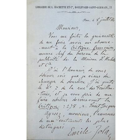 Appraisal: ZOLA EMILE Autograph letter signed Estimate -