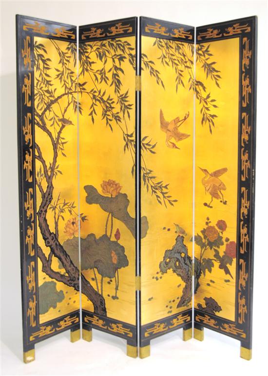 Appraisal: Four panel double sided Oriental floor screen each panel is