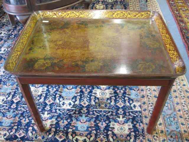 Appraisal: Tole Style Decorated Tea Table floral gold trim '' x