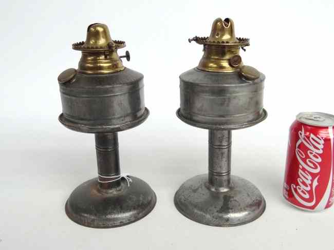 Appraisal: Pair th c tin oil lamps '' Ht