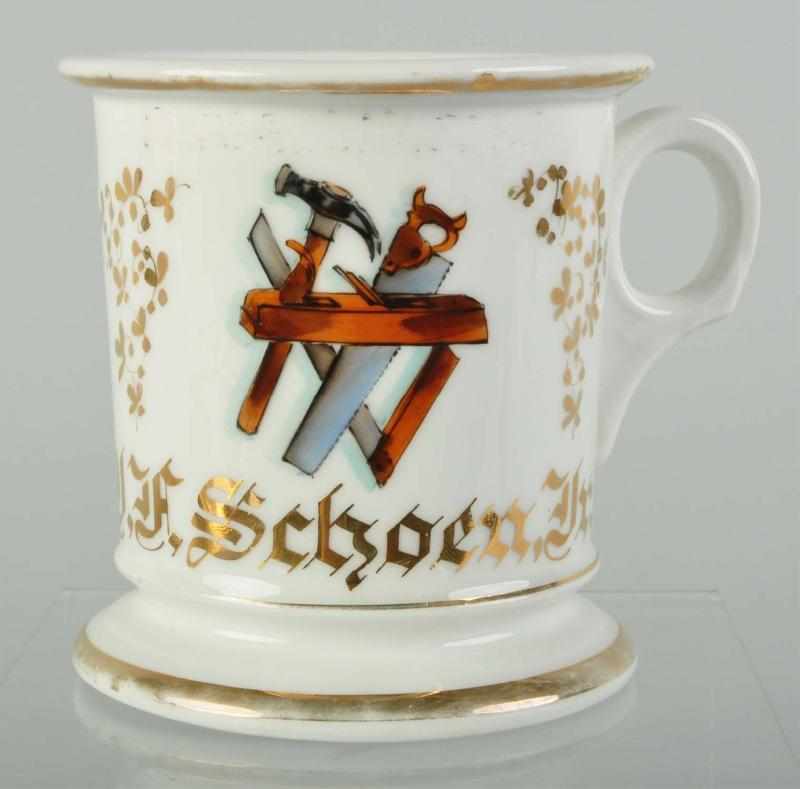 Appraisal: Carpenter Tools Shaving Mug Description Gilt name J F Schoem