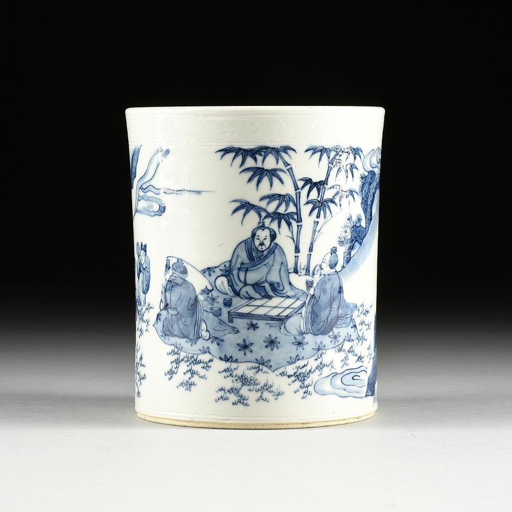 Appraisal: A CHINESE KANGXI STYLE BLUE AND WHITE PORCELAIN BRUSH POT