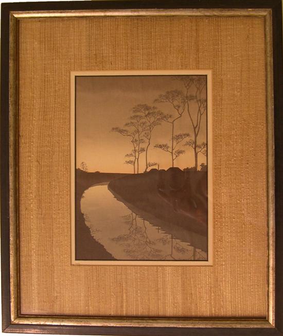 Appraisal: Japanese woodblock print river scene with trees signed CR matted