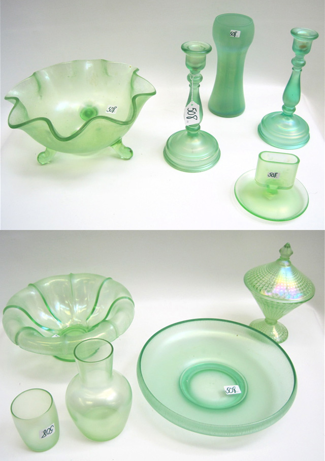 Appraisal: TEN PIECES OF GREEN STRETCH GLASS tri-footed bowl D x