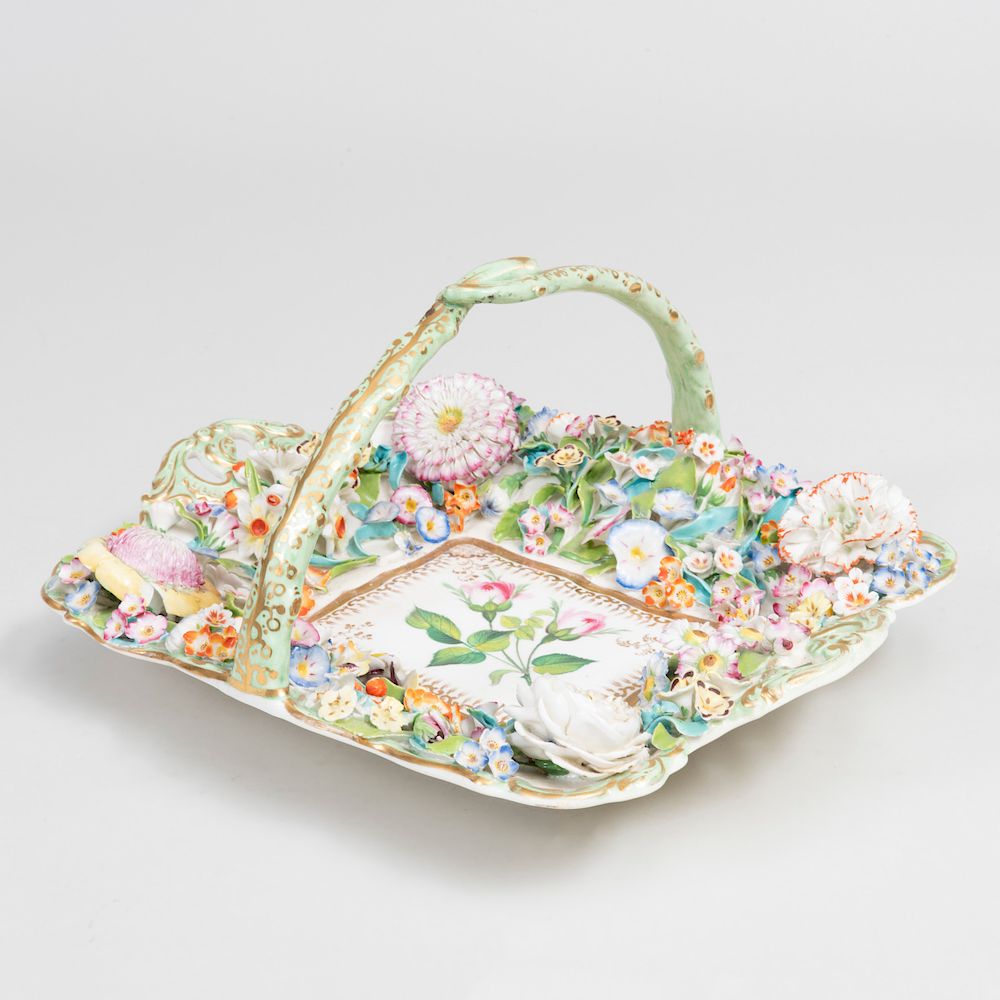 Appraisal: English Porcelain Flower Encrusted Basket in long Property from the