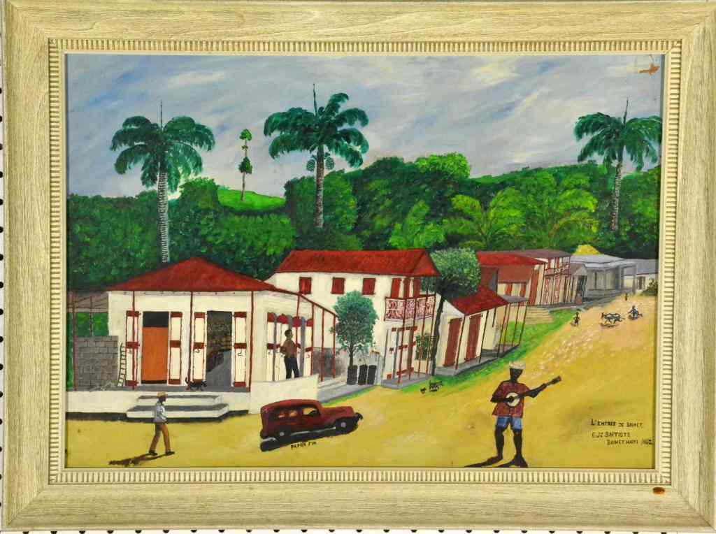 Appraisal: E J Baptiste Oil On BoardDepicting a Haitian village scene